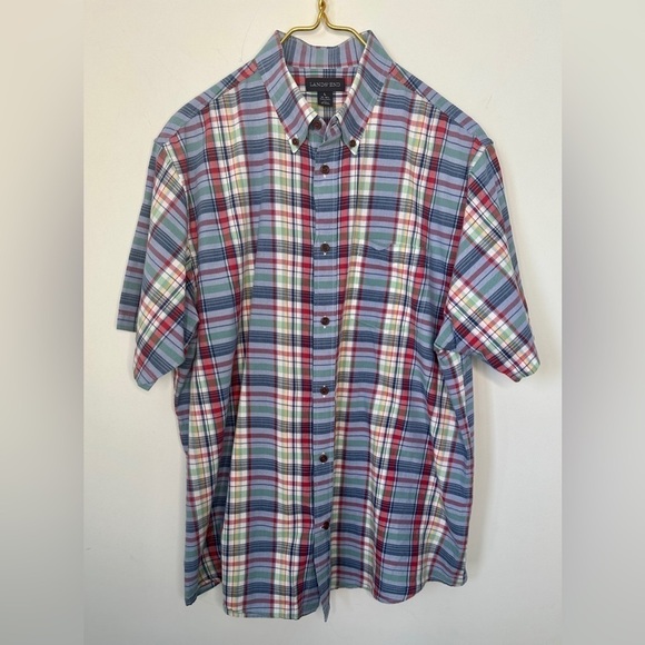 Lands’ End Colorful Blue Plaid Cotton Short Sleeve Button Up Shirt Men’s Large - Picture 1 of 5